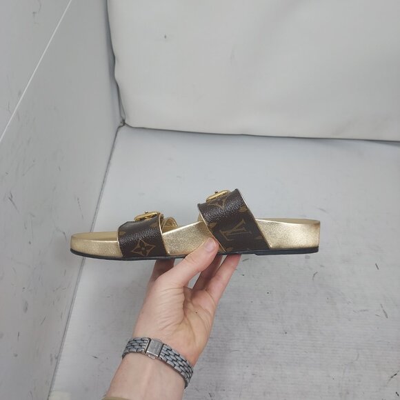 Louis Vuitton Brown Gold Buckle Bom Dia Monogram Flat Slide Sandals - Picture 7 of 16